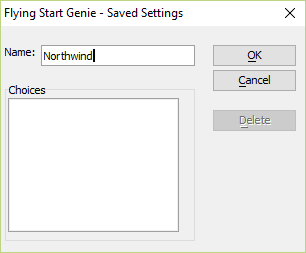 The Flying Start Genie - Saved Settings dialog